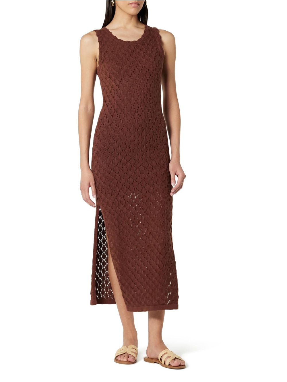 Sleeveless Brown Knit Maxi Dress with Side Slit - Women